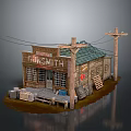 European Style Blacksmith Shop Building With Green Roof Wooden Crates And Power Poles
