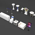 White Table and Chair Set with Sofa Flower Arrangement Signage and Stanchions for Event Setup