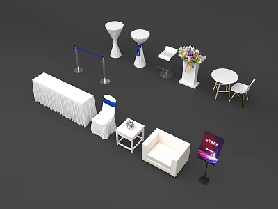 White Table and Chair Set with Sofa Flower Arrangement Signage and Stanchions for Event Setup 3d model