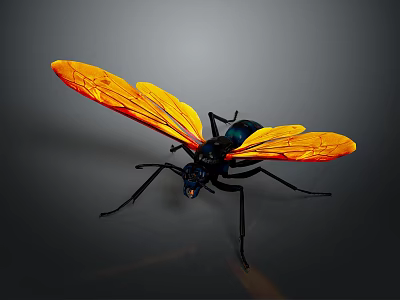 Vibrant Insect With Yellow Orange Wings Black Body And Blue Head Detailed Features 3d model