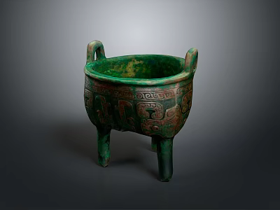 Ancient Bronze Ding Vessel With Three Legs Two Handles And Intricate Patterns 3d model