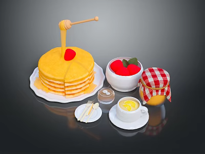 Fluffy Pancake Stack with Cherry Honey Drizzle Fresh Strawberries Jam Jar Milk Cup and Utensils 3d model