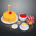 Fluffy Pancake Stack with Cherry Honey Drizzle Fresh Strawberries Jam Jar Milk Cup and Utensils