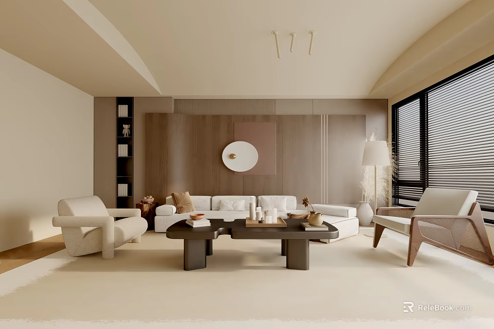 Modern Living Room Interior With Beige Sofa Armchair Coffee Tables Floor Lamp And Window Blinds 3d model 