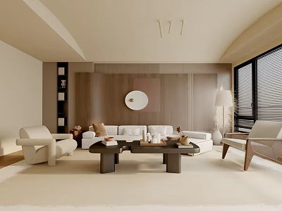 Modern Living Room Interior With Beige Sofa Armchair Coffee Tables Floor Lamp And Window Blinds 3d model