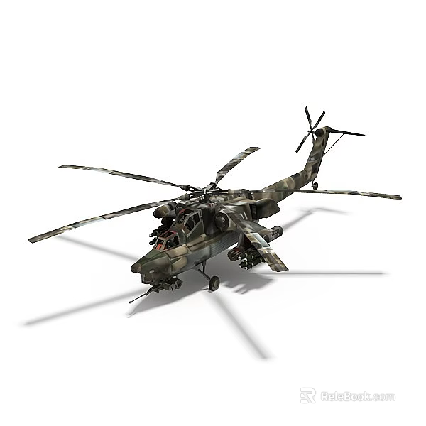 Military Attack Helicopter With Camouflage Paint And Rotor System And Weapon Equipment 3d model 