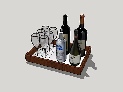 Wooden Tray With Multiple Wine Bottles Wine Glasses And Sparkling Drink 3d model