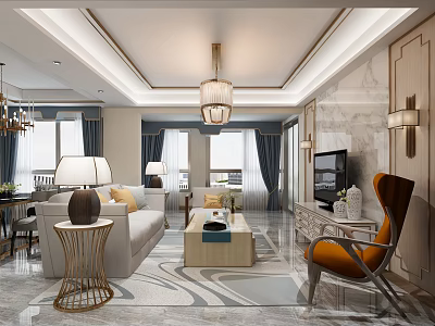 Elegant Modern Living Dining Room Interior With Chandelier Sofa Coffee Table Rug And TV 3d model