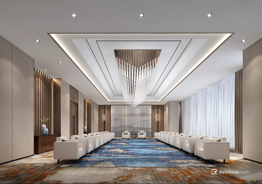 Elegant Hotel Public Lounge Area With White Sofas Blue Rug And Modern Chandelier 3d model 