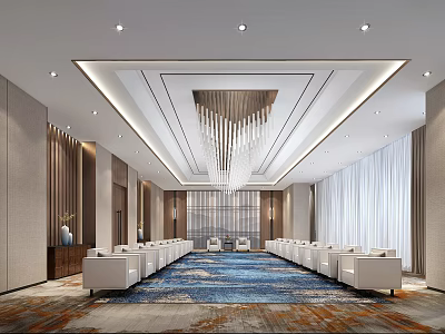 Elegant Hotel Public Lounge Area With White Sofas Blue Rug And Modern Chandelier 3d model