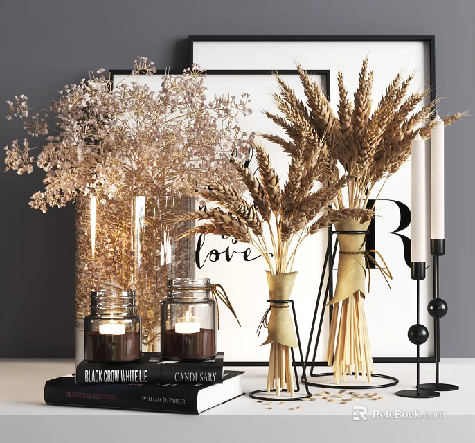 Decorative Ornament Combination Featuring Dried Wheat Flowers Candles Glass Jars Picture Frames And Love Lettering 3d model 