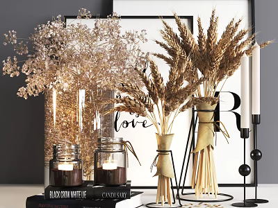Decorative Ornament Combination Featuring Dried Wheat Flowers Candles Glass Jars Picture Frames And Love Lettering 3d model