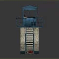 Blue Watchtower Structure With Metal Staircase Railing And Brick Base