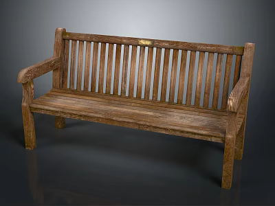 Wooden Outdoor Bench with Slatted Back and Seat and Armrests in Classic Brown Finish 3d model