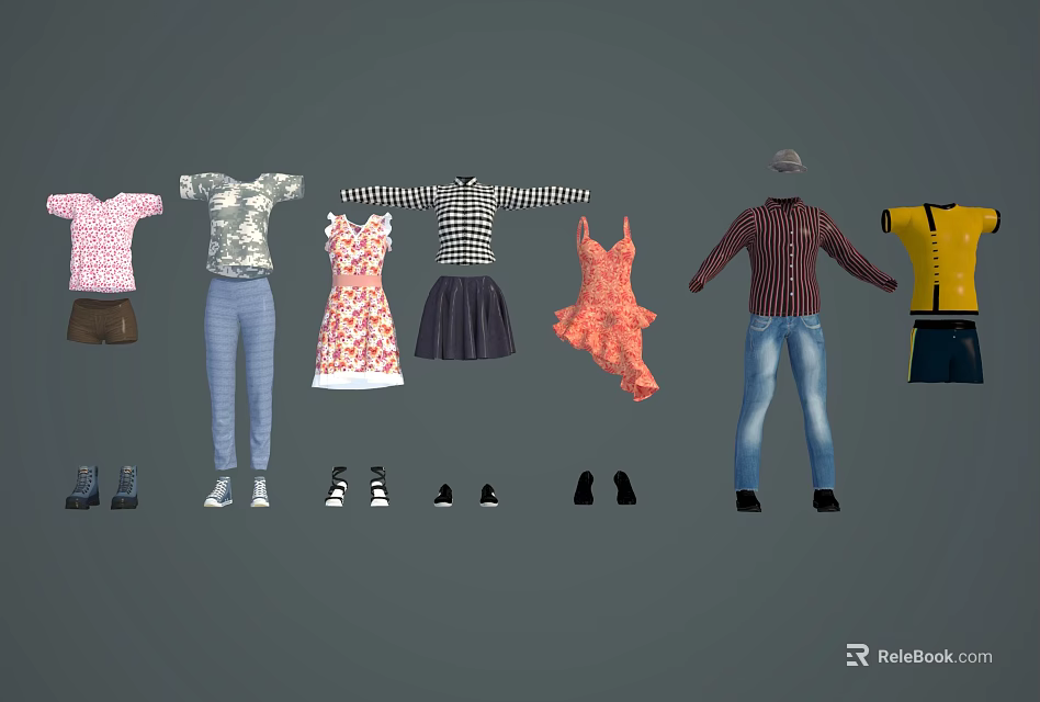 Fashionable Clothing Collection with Striped Checkered Tops Floral Dresses Jeans and Shoes 3d model 