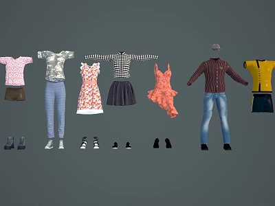 Fashionable Clothing Collection with Striped Checkered Tops Floral Dresses Jeans and Shoes 3d model