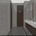 Modern Public Washroom Interior With Light Green Cabinets Mirror Green Benches Decorative Paintings And Gray Tiles