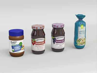 Skippy Peanut Butter Smucker's Strawberry Blackberry Preserves And Lundberg Sea Salt Food Products 3d model
