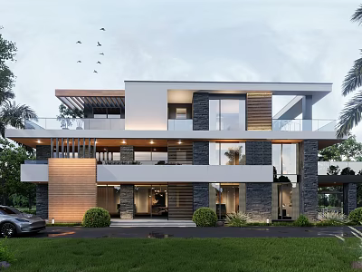 Modern Two Story Detached Villa With Large Windows Balcony Green Lawn Driveway 3d model