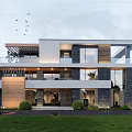 Modern Two Story Detached Villa With Large Windows Balcony Green Lawn Driveway