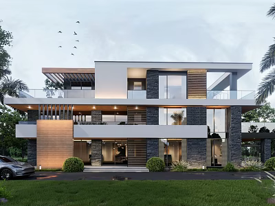 Modern Two Story Detached Villa With Large Windows Balcony Green Lawn Driveway 3d model