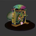 Ornate Golden Mechanical Model With Scroll Drum Gear Wheels And Wooden Base