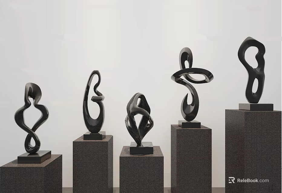 Modern Decorative Abstract Black Ornamental Sculpture Set with Pedestals 3d model 