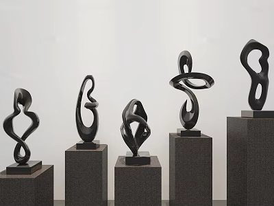 Modern Decorative Abstract Black Ornamental Sculpture Set with Pedestals 3d model