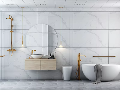 Elegant Bathroom Vanity with Round Mirror Gold Faucet and Wooden Cabinet on White Marble Wall 3d model