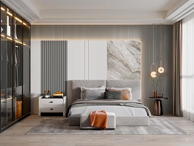 Modern Bedroom Interior With Grey Headboard Pillows Nightstand And Marble Wall Art 3d model