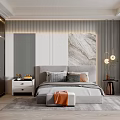 Modern Bedroom Interior With Grey Headboard Pillows Nightstand And Marble Wall Art