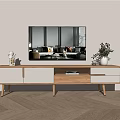 Modern TV Stand with White and Wooden Design Drawers Open Shelf Decorations and Plant