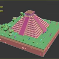 Miniature Step Pyramid Building With Top Small Structure And Green Trees On Pink Base