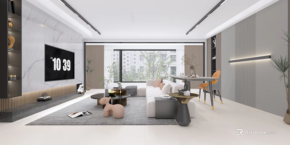 Modern Living Dining Room Interior With White Sofa Dining Table Large Window And Green Plants 3d model 