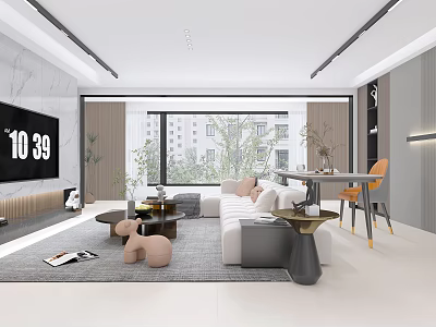 Modern Living Dining Room Interior With White Sofa Dining Table Large Window And Green Plants 3d model
