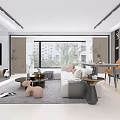Modern Living Dining Room Interior With White Sofa Dining Table Large Window And Green Plants