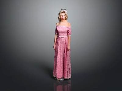 Woman Wearing Pink Off the Shoulder Long Dress with Silver Tiara on Gray Background 3d model