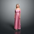 Woman Wearing Pink Off the Shoulder Long Dress with Silver Tiara on Gray Background
