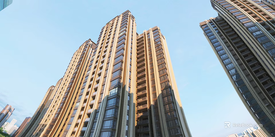 Modern High Rise Residential Building With Glass Curtain Walls And Balconies Under Blue Sky 3d model 