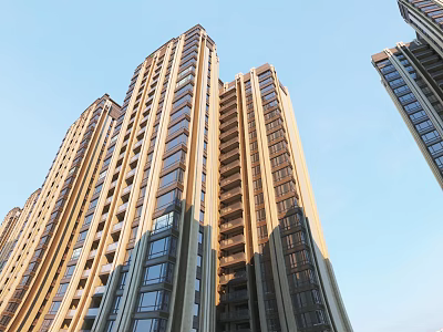 Modern High Rise Residential Building With Glass Curtain Walls And Balconies Under Blue Sky 3d model