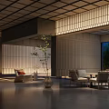 Elegant Modern Lounge Area Featuring Wooden Partitions Floor-to-Ceiling Windows Green Plants Sofa And Tables Chairs