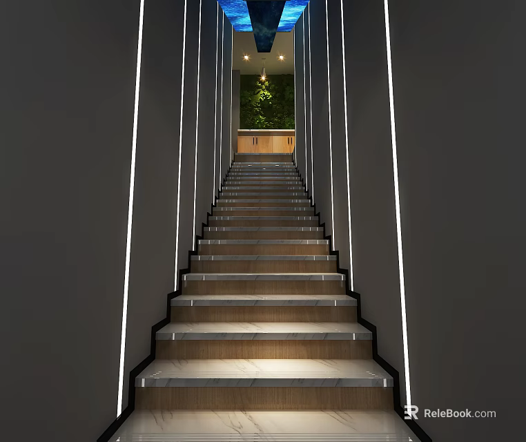 Modern Staircase With Illuminated Sides Marble Steps And Green Plant Wall 3d model 