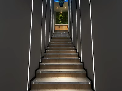 Modern Staircase With Illuminated Sides Marble Steps And Green Plant Wall 3d model