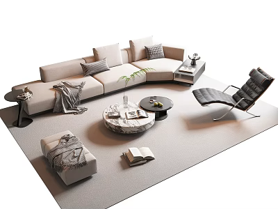 Elegant Modern Sofa Coffee Table Set With Marble Top Gray Pillows Accent Chair On Carpet With Books 3d model