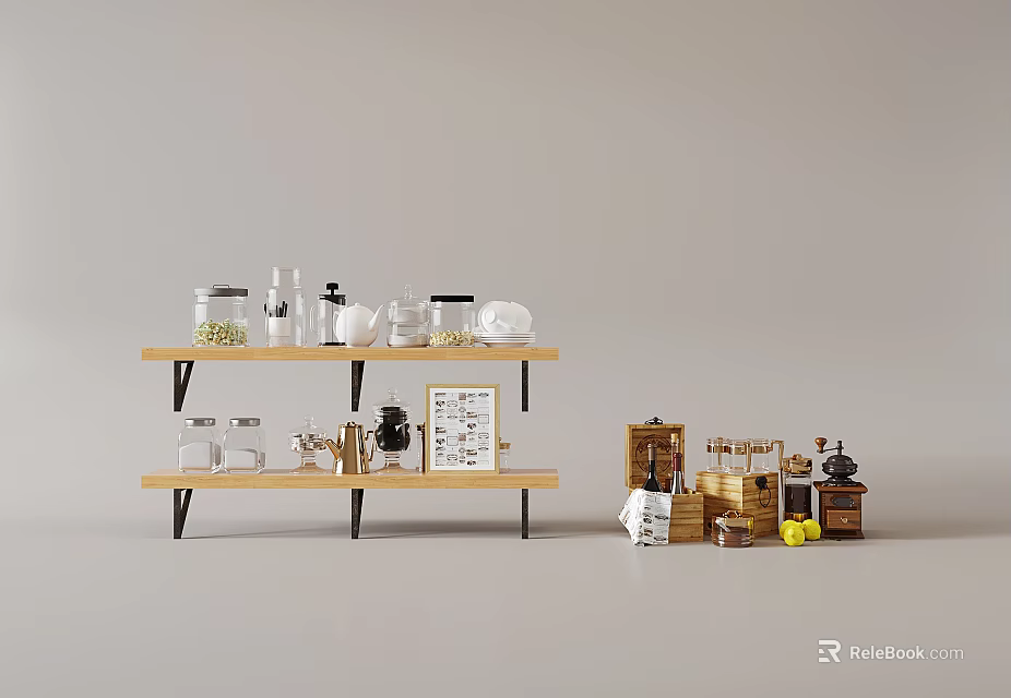 Spice Bottles And Kitchen Items Arranged On Wooden Shelves In Home Kitchen 3d model 