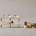 Spice Bottles And Kitchen Items Arranged On Wooden Shelves In Home Kitchen