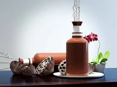 Decorative Ornament Set With Brown Bottles Red Orchid Lotus Pods And Fragrance Sticks 3d model