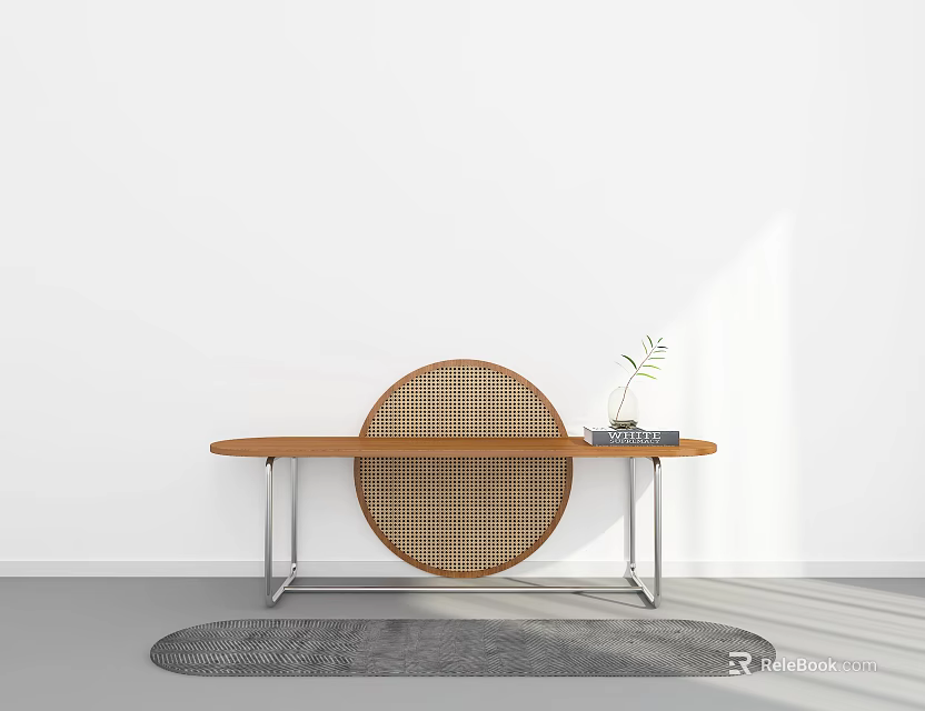 Stylish Console Table Design With Wooden Top Metal Legs Round Woven Decor And Small Plant 3d model 