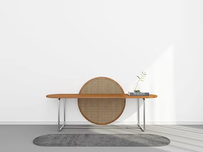 Stylish Console Table Design With Wooden Top Metal Legs Round Woven Decor And Small Plant 3d model
