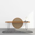 Stylish Console Table Design With Wooden Top Metal Legs Round Woven Decor And Small Plant